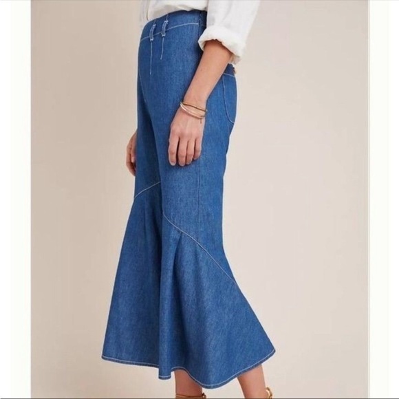 Anthropologie Pilcro Ruffled Hem High Rise Ultra Wide Leg Flare Crop Jeans - Picture 16 of 16